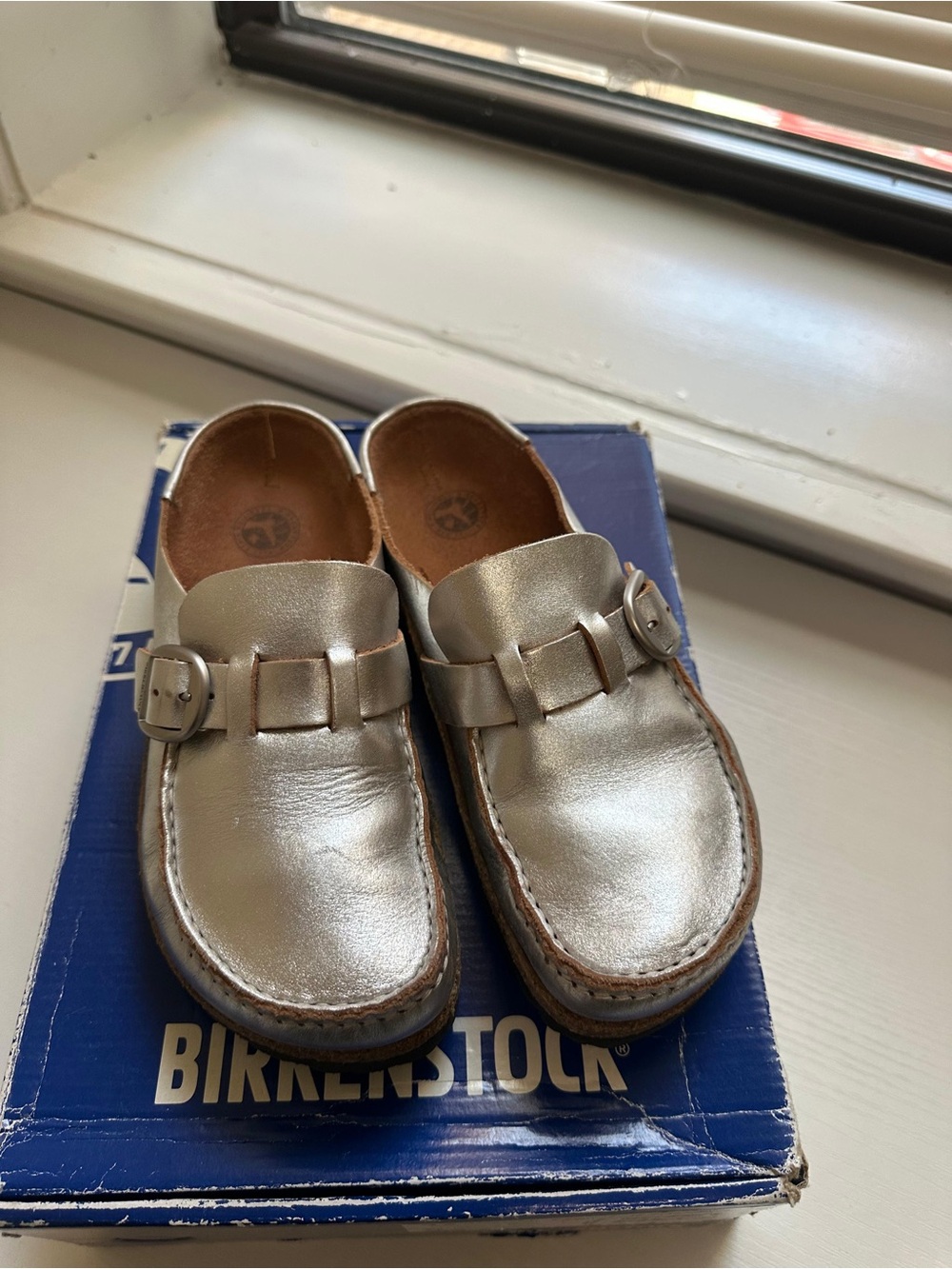 Birkenstock Metallic Silver Buckle Loafers